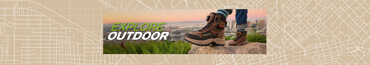 Explore Outdoor banner featuring brown hiking boots overlooking a city landscape.