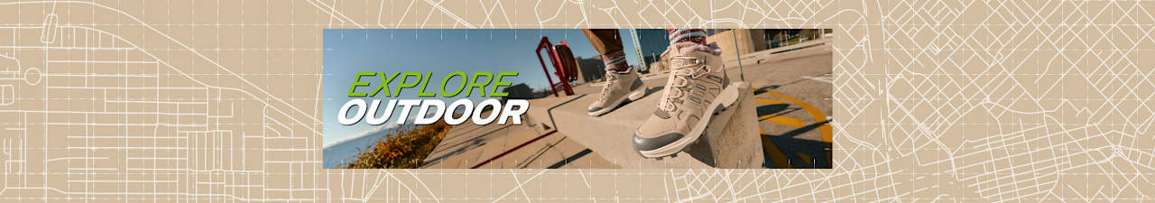 Explore Outdoor banner featuring a light hiking shoe in an urban setting.