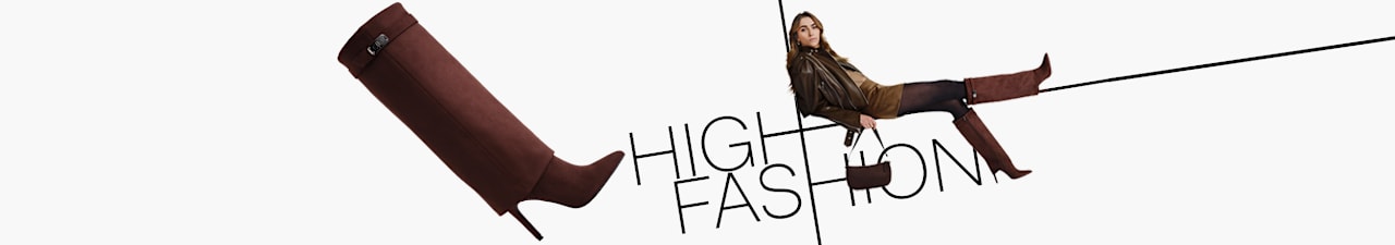 Brown knee-high suede boots featured in an editorial fashion graphic with the text “HIGH FASHION” and a coordinated styling look.