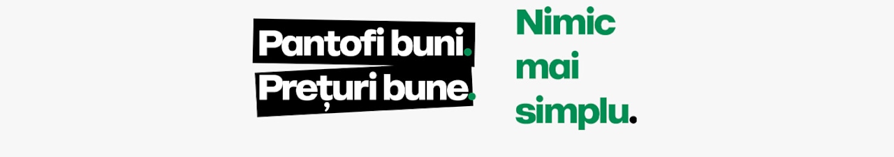 The image shows the text “Pantofi buni. Prețuri bune. Nimic mai simplu.” displayed on a white background. The first two phrases are in bold white letters inside black text boxes, and the third phrase is in green letters on the white background.