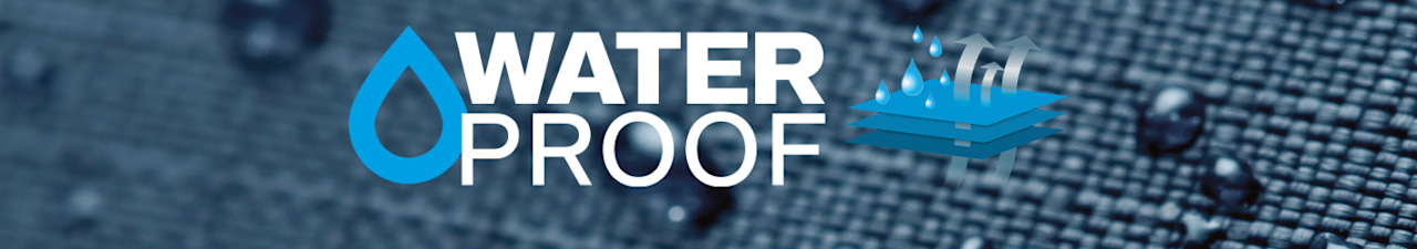The image shows the text “WATERPROOF” with a water drop icon and a layered material symbol on a fabric background with water droplets.