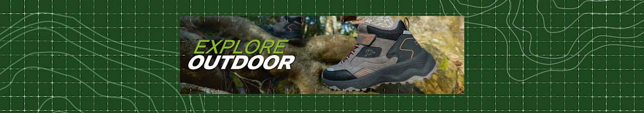 Explore Outdoor banner highlighting hiking footwear in a natural woodland setting.