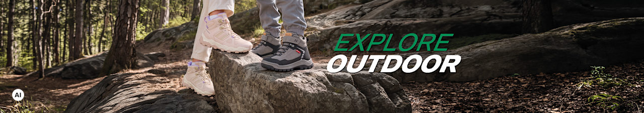 A boy and a girl wearing outdoor shoes, claim: explore outdoor