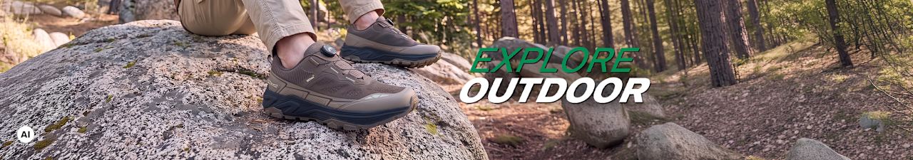 A man wearing outdoor shoes, claim: explore outdoor