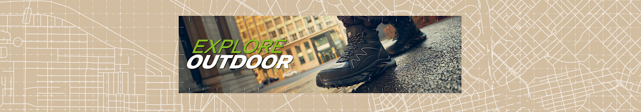 Explore Outdoor banner featuring a black hiking boot on a wet street surface.