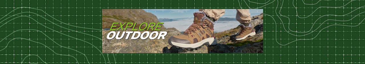 Explore Outdoor banner featuring hiking shoes on rocky terrain.