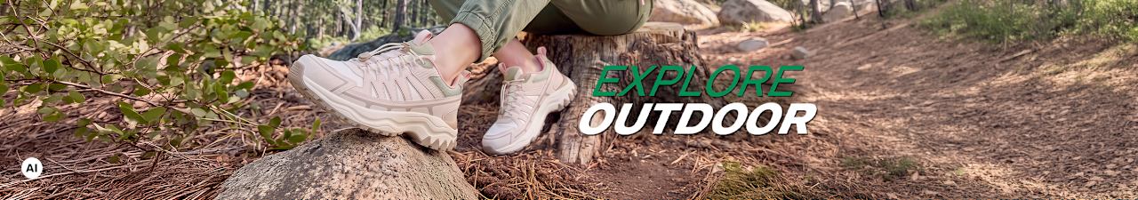 A woman wearing outdoor shoes, claim: explore outdoor