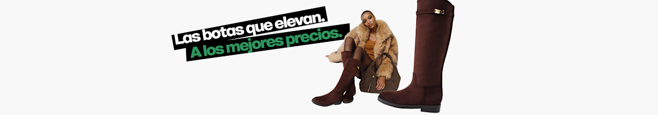 Brown knee-high suede boots featured in a fashion campaign graphic with promotional Portuguese text and a coordinated styling look.