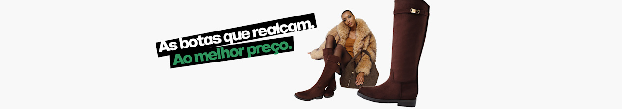Brown knee-high suede boots featured in a fashion campaign graphic with promotional Portuguese text and a coordinated styling look.
