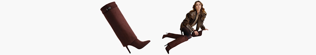 Brown suede knee-high heeled boot shown next to a model wearing the same style with a brown leather jacket and dark tights.