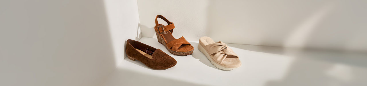 three different summer shoes on a wall