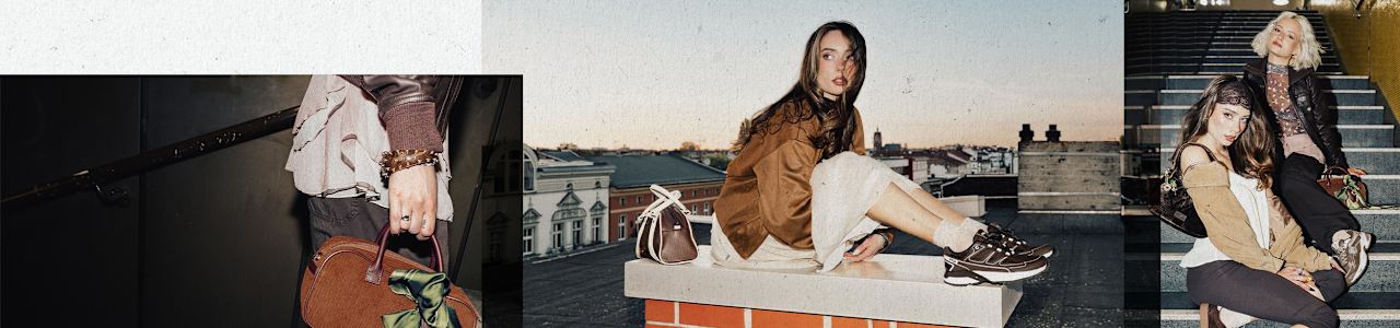 Banner with a FILA logo on the right. The collage shows a fashion campaign with a person posing on a rooftop and on stairways, wearing brown-and-cream outfits and carrying matching handbags. The dark brown FILA sneakers stand out with layered panels, chunky soles, and sporty detailing that complements the vintage-inspired styling.