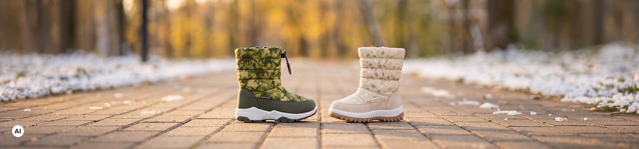 two snowboots standing on a path with snow