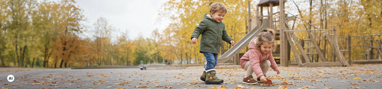 two kids playing on a playground in autumn