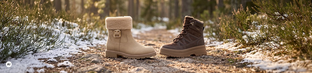 two women boots standing in a forest