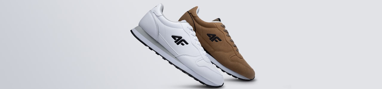 Two sneakers are displayed against a light grey background, one in white with black details and the other in brown with black details, both featuring the "4F" logo on the side.
