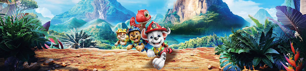 PAW Patrol pups running along a prehistoric trail with mountains and a dinosaur in the background.
