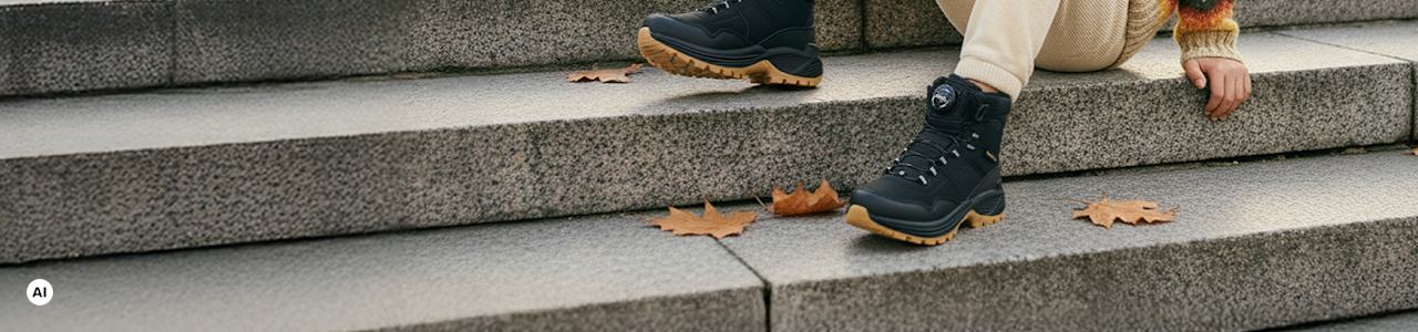 A boy sits on stone steps in the city wearing black hiking boots with tan soles and a colourful striped sweater.