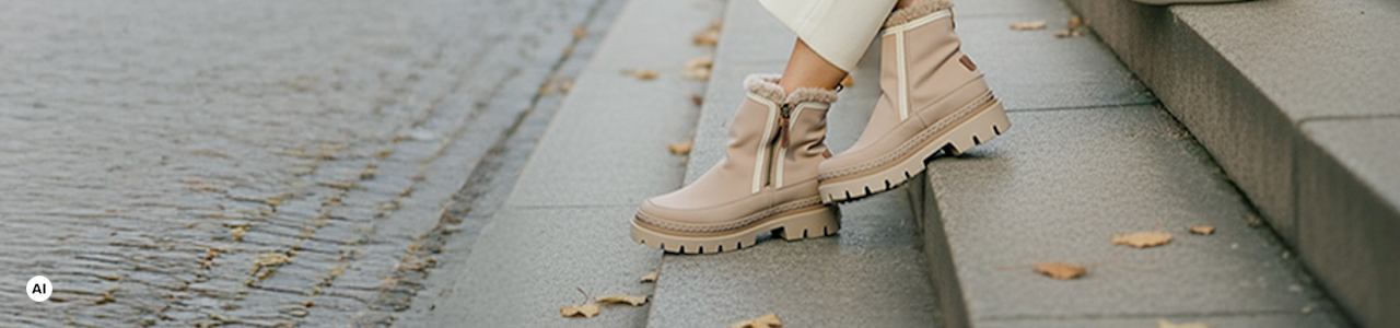 A woman sits on stone steps wearing beige ankle boots with zips.
