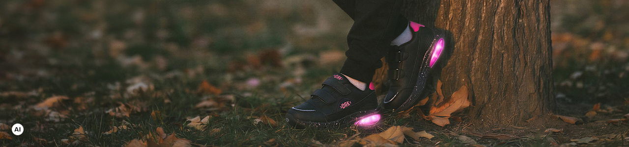 Black light-up sneakers with joggers in an autumn park.