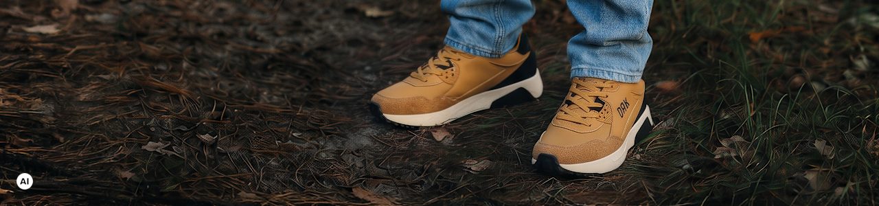Close-up of beige and black sneakers paired with light blue jeans on a woodland path.