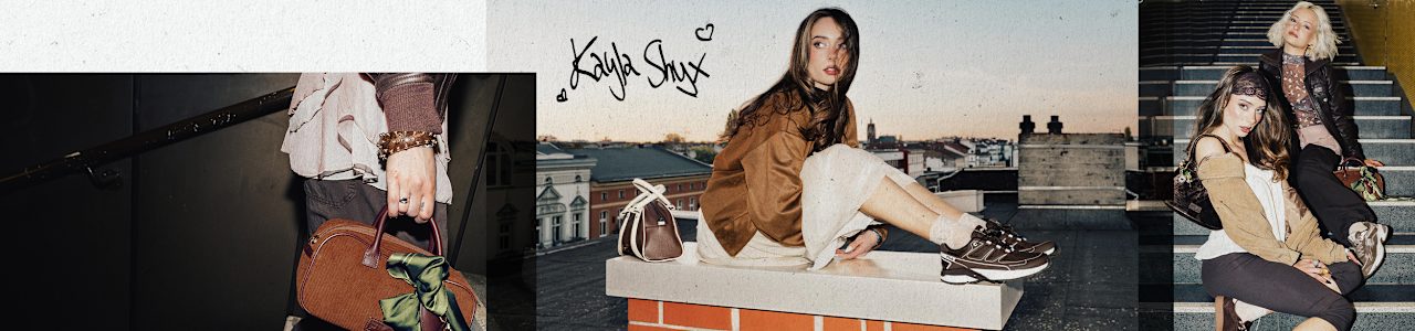 Kayla Shyx campaign collage featuring rooftop and staircase scenes, styled with brown accessories and chunky brown FILA sneakers with sporty panel details.