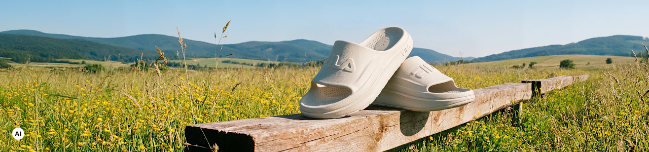 Pair of white slide sandals placed on a wooden bench in a sunny field landscape.
