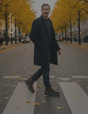 Man in dark coat and grey trousers wears brown Chelsea boots on city steps.