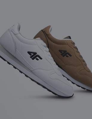 Two sneakers are displayed against a light grey background, one in white with black details and the other in brown with black details, both featuring the "4F" logo on the side.