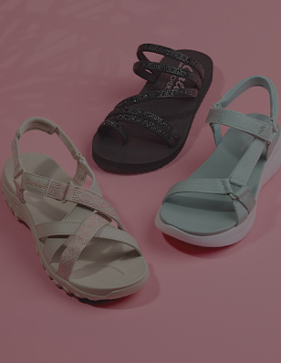 three Skechers sandals on a pink background