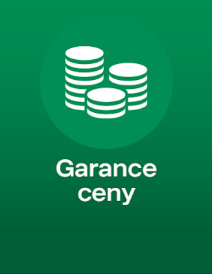 Green background and an icon of stacked coins with the text "Garance ceny"