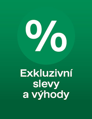 Green background and an icon of a percentage sign with the text "Exkluzivní slevy a výhody".