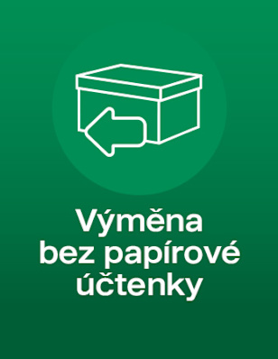 Green background and an icon of a box with an arrow and the text "Výměna bez papírové účtenky".
