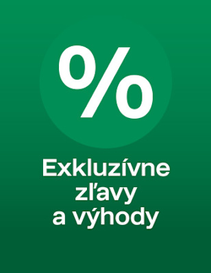 Green background, icon of a percentage sign. Below it says: “Exkluzívne zľavy a výhody”