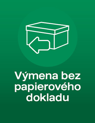 Green background, icon of a package with an arrow. Below it says: “Výmena bez papierového dokladu”
