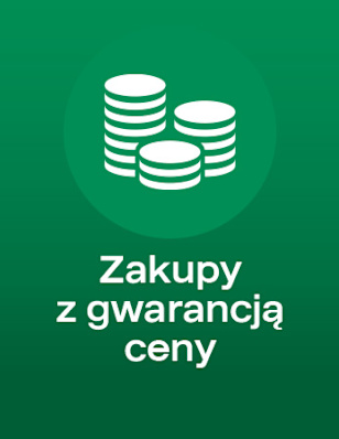 Green background with a white icon of stacked coins inside a circle. Visible text reads: “Zakupy z gwarancją ceny.”