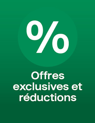 The image shows a green panel with a percentage symbol and the Spanish text: “Ofertas exclusivas y descuentos”, highlighting promotional benefits.