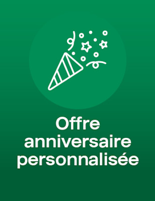 Party popper icon: “Offre anniversaire personnalisée”.