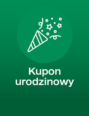 Green background with a white icon of a party popper inside a circle. Visible text reads: “Kupon urodzinowy.”