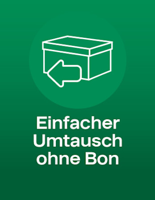 A green background with a box and arrow icon . The text reads: „Einfacher Umtausch ohne Bon“.