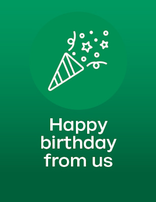 A green circle with a party popper icon and the text “Happy Birthday from us”.