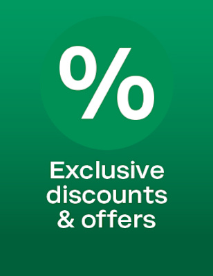 A green circle with a percentage icon and the text “Exclusive discounts & offers”.