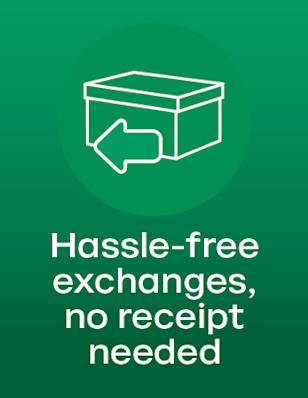 A green background with a white box-and-arrow icon and the text “Hassle-free exchanges, no receipt needed”.