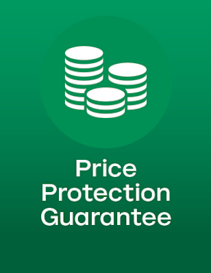 A green background with a white coin stack icon and the text “Price Protection Guarantee”.