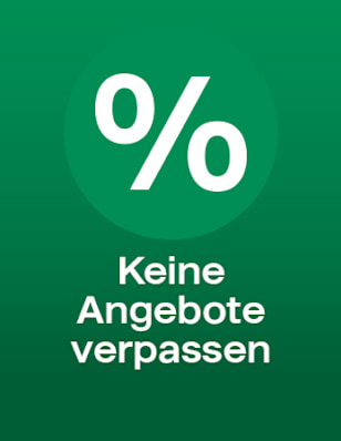 Grüner Hintergrund mit Prozentzeichen-Symbol und dem Text: Keine Angebote verpassen.