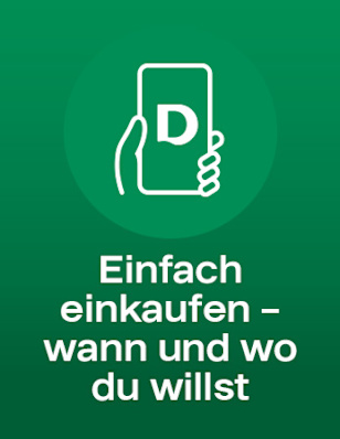 Grüner Hintergrund mit Hand-und-Smartphone-Symbol: Einfach einkaufen – wann und wo du willst.