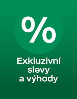 Green background and an icon of a percentage sign with the text "Exkluzivní slevy a výhody".