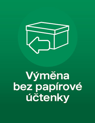 Green background and an icon of a box with an arrow and the text "Výměna bez papírové účtenky".