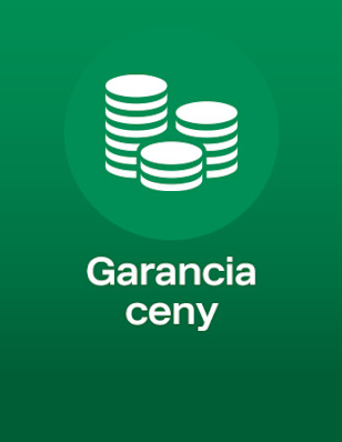 Green background, icon of stacked coins. Below it says: “Garancia ceny”