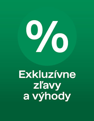 Green background, icon of a percentage sign. Below it says: “Exkluzívne zľavy a výhody”